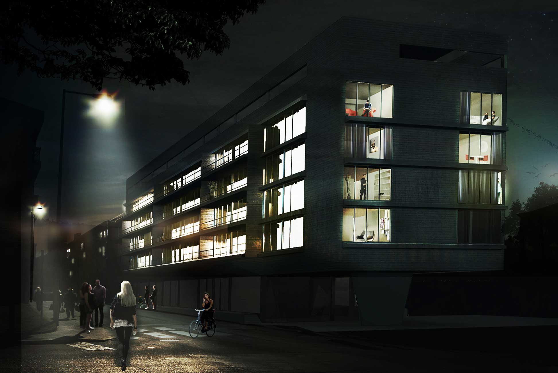 Uma recriação digital a ilustrar a habitação colectiva vista do exterior à noite