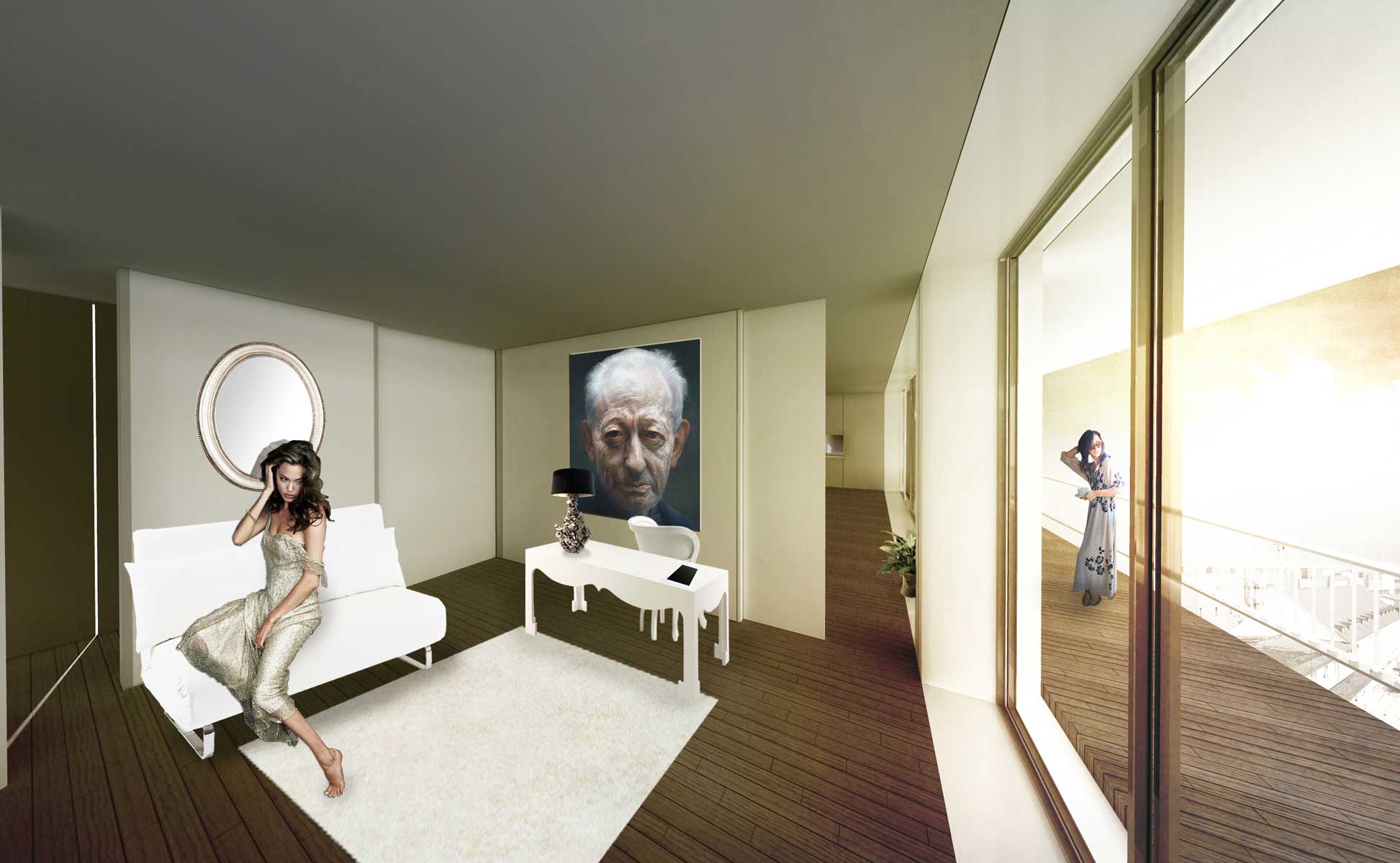 Uma recriação digital a ilustrar o interior da habitação colectiva