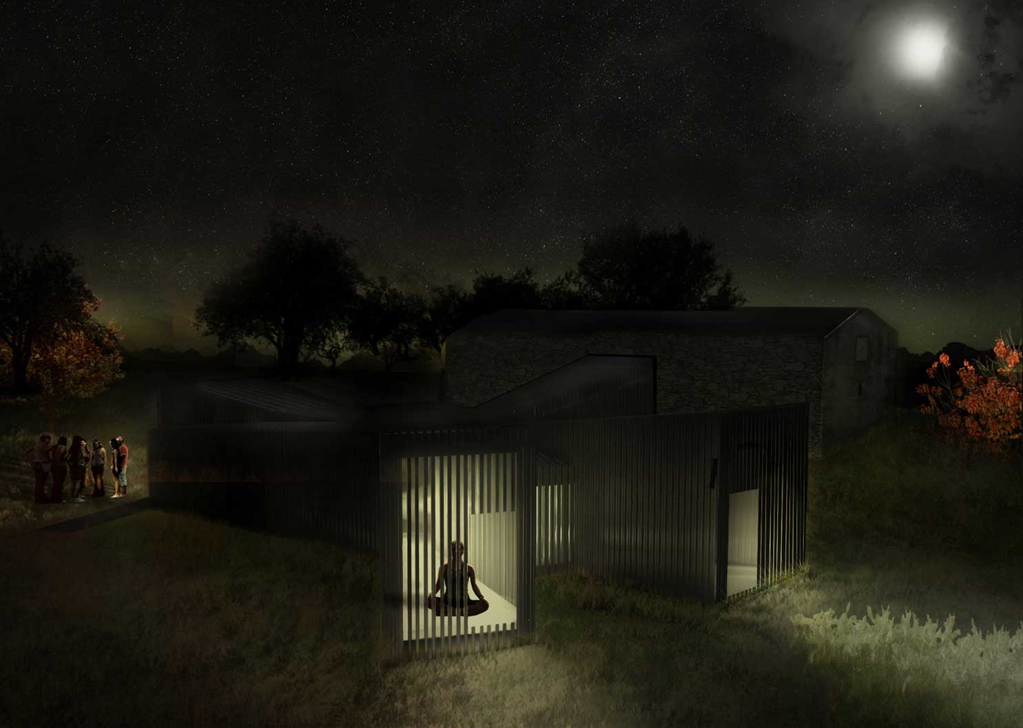 Uma recriação digital a ilustrar o Abrigo para Peregrinos à noite de vista aéria